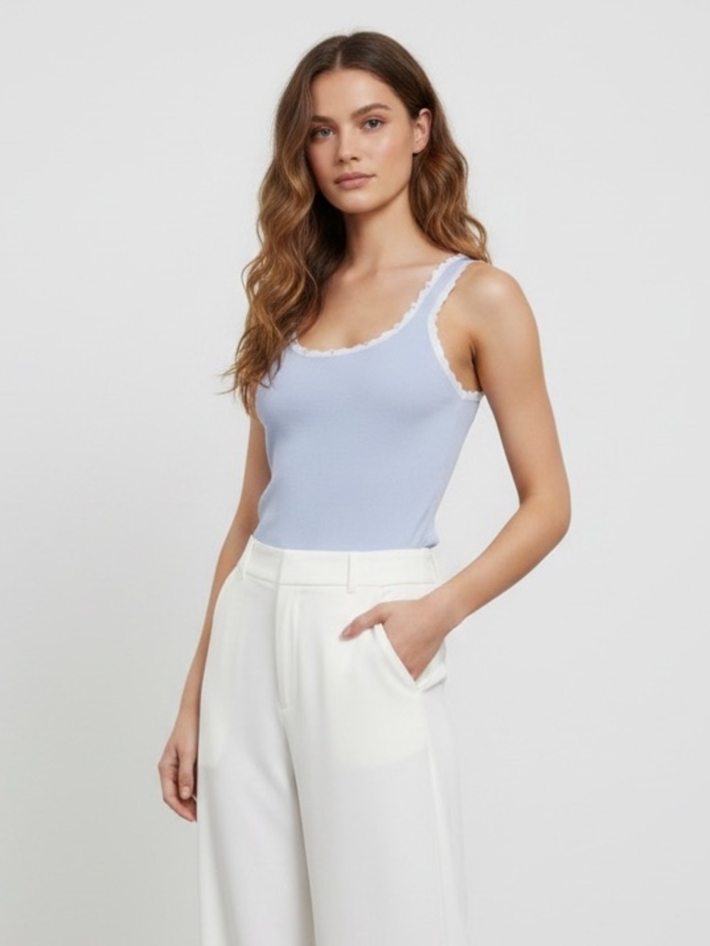 Sleeveless Lace-Trim Tank Top in Light Blue